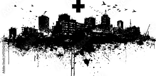 Urban decay: black ink silhouette of abandoned hospital building with birds and cross symbol