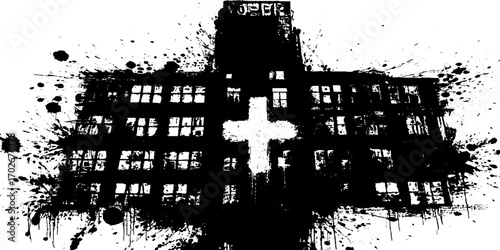 Black ink silhouette of an abandoned hospital building with grunge texture for urban art design