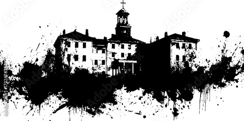 Abandoned hospital silhouette with splattered black ink for urban design