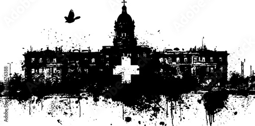Black ink silhouette of an abandoned hospital with grunge elements and bird