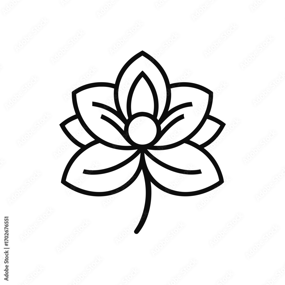 Fototapeta premium Outline drawing of a lotus flower with a stem line on transparent background