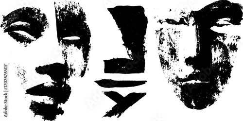 Abstract collage of black ink silhouette faces in grunge style
