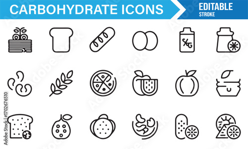 Outline food icons representing carbohydrate sources like grains, bakery, and desserts