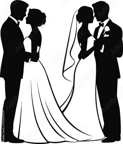 Elegant Wedding Couple Silhouettes Black and White Vector Set