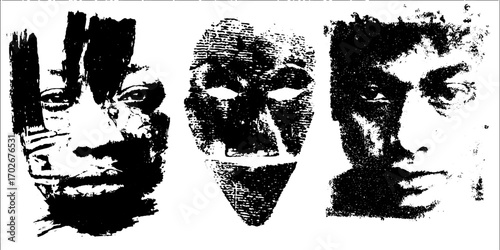Abstract collage of black ink silhouette faces with grunge texture