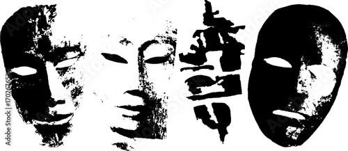 Abstract collage of black ink silhouette faces with grunge texture