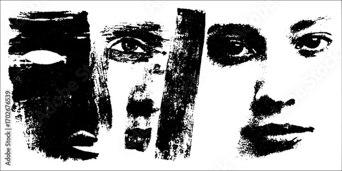 Black ink silhouette of abstract collage face with grunge and drip effects for artistic design