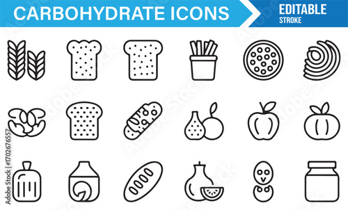 Minimal carbohydrate icon set featuring bread, pasta, sweets, and fruit illustrations