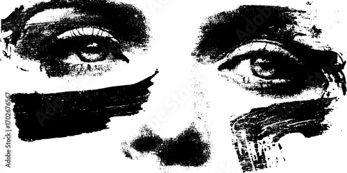 Black ink silhouette of abstract collage face with expressive eyes for urban art themes