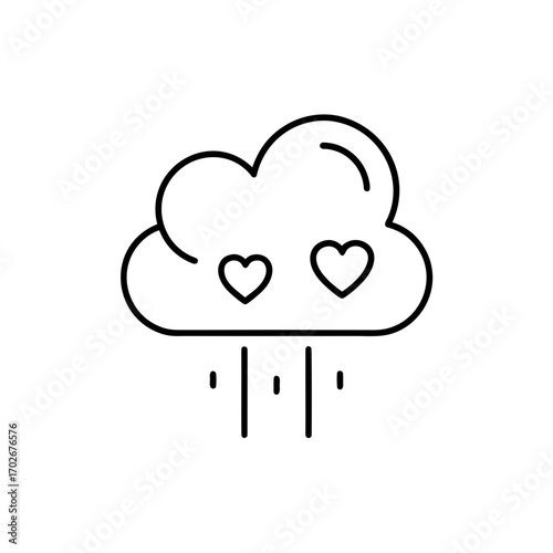 Cloud with hearts and rain line art minimalistic design on transparent background