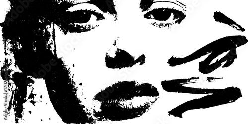 Black ink abstract face silhouette collage for urban art and design