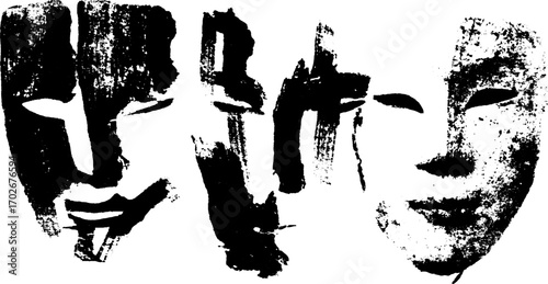 Abstract collage face with black ink silhouette for modern art and design
