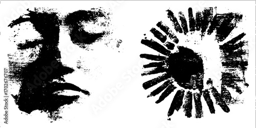 Abstract face silhouette with collage elements in grunge stencil style