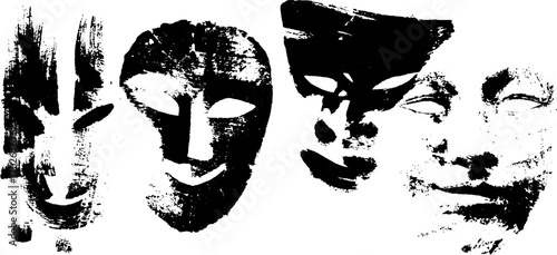 Abstract human mask silhouettes in black ink with grunge texture