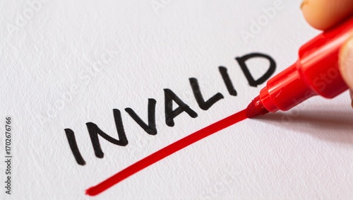 Red marker strikes through the word invalid on white paper