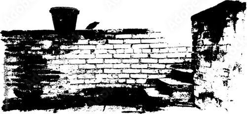 Black ink silhouette of old brick alley with cracked wall and stairs