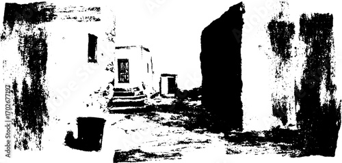 Black ink silhouette of an old cracked alley - rustic urban design for poster or card