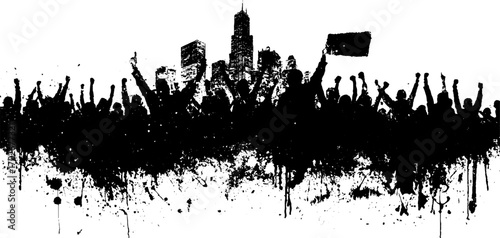 Protest crowd silhouette in urban setting with black ink drip art