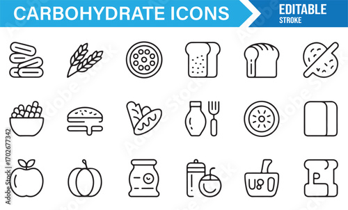 Collection of editable carbohydrate food symbols with pizza, bread, and sweet treats