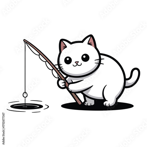 A simple, round, cute white cat fishing with a rod in a small pond, curious expression.