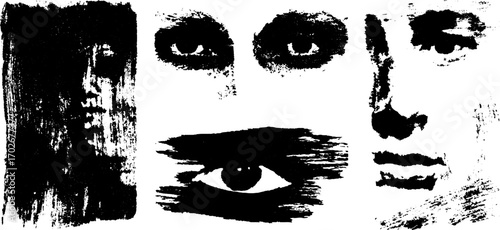 Avant-garde face collage in black ink silhouette illustrating abstract expression
