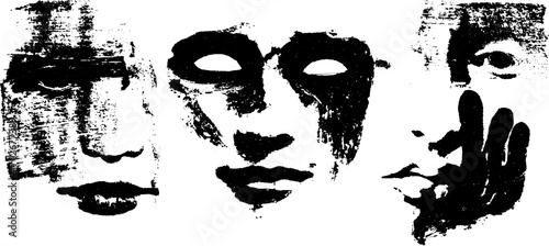 Avant garde black ink silhouette collage of faces for urban art and design
