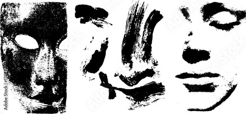 Avant garde mask collage in black ink silhouette with grunge texture