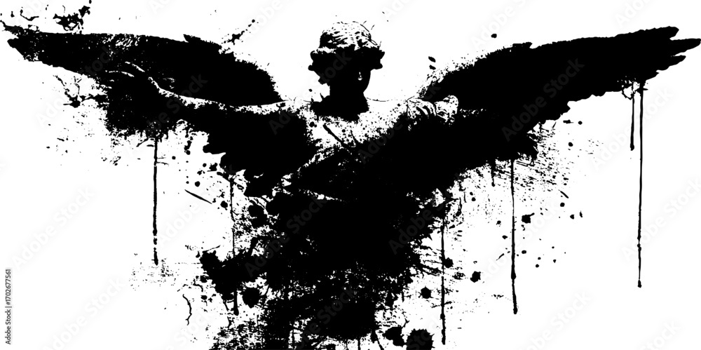 Obraz premium Silhouette of broken angel statue with black ink splatter for urban art design