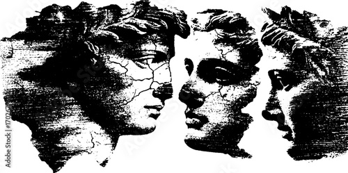 Grunge silhouette of broken ancient statue heads in black ink design