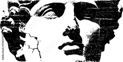 Black ink silhouette of broken ancient statue head in grunge style for artistic design