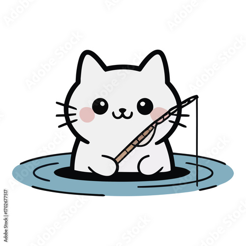 A simple, round, cute white cat fishing with a rod in a small pond, curious expression.