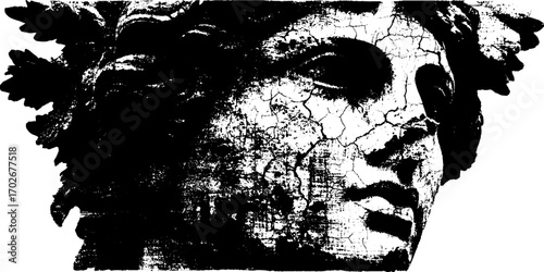 Grunge silhouette of broken ancient statue head in black ink