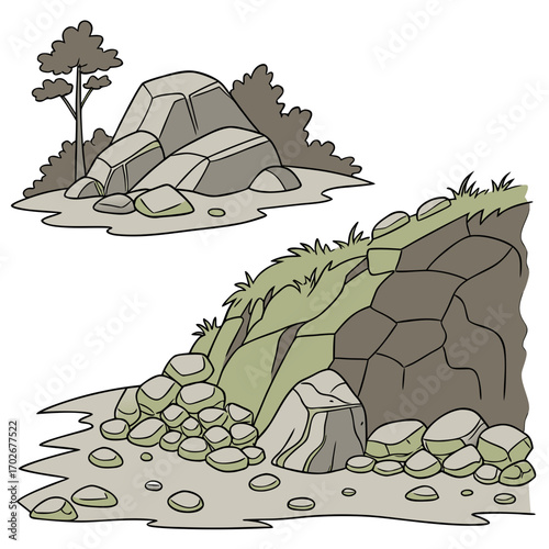 Cartoon grey stone and rock clipart, 3D boulders and pebbles, a pile of rubble and debris, isolated natural landscape elements, and mountain cliff and rocky terrain design. Vector set