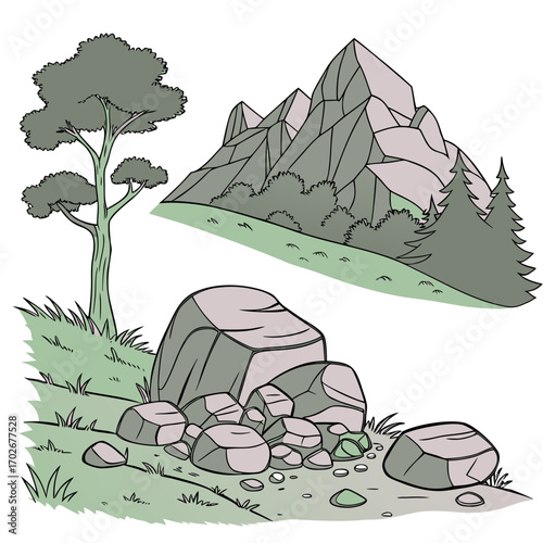 Cartoon grey stone and rock clipart, 3D boulders and pebbles, a pile of rubble and debris, isolated natural landscape elements, and mountain cliff and rocky terrain design. Vector set
