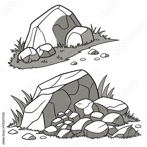 Cartoon grey stone and rock clipart, 3D boulders and pebbles, a pile of rubble and debris, isolated natural landscape elements, and mountain cliff and rocky terrain design. Vector set