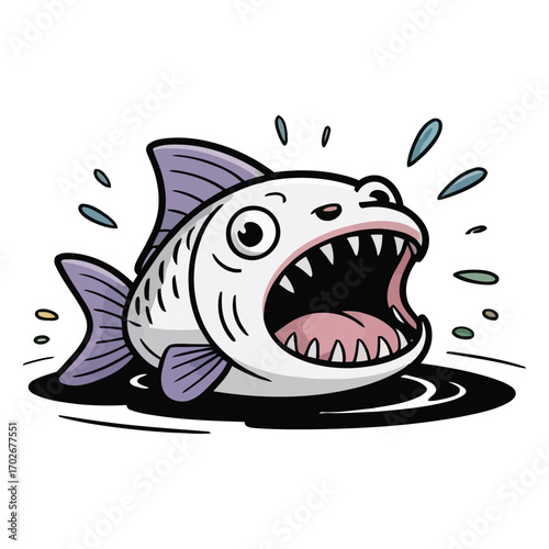 Cat fighting a large, exaggerated fish with an open sharp mouth, humorous and playful.