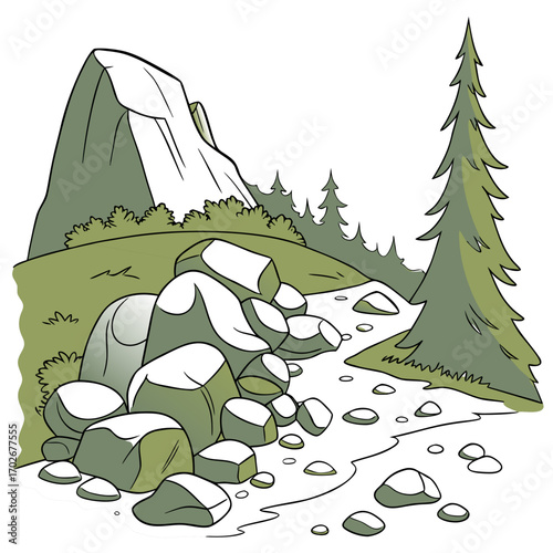 Cartoon grey stone and rock clipart, 3D boulders and pebbles, a pile of rubble and debris, isolated natural landscape elements, and mountain cliff and rocky terrain design. Vector set