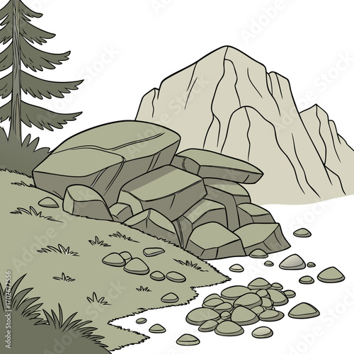 Cartoon grey stone and rock clipart, 3D boulders and pebbles, a pile of rubble and debris, isolated natural landscape elements, and mountain cliff and rocky terrain design. Vector set