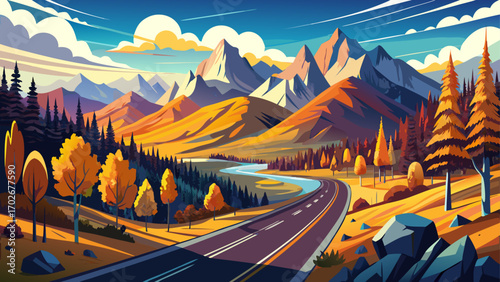 Panoramic view of scenic drive in San Juan Mountains Colorado with colorful autumn trees evening sun lit.