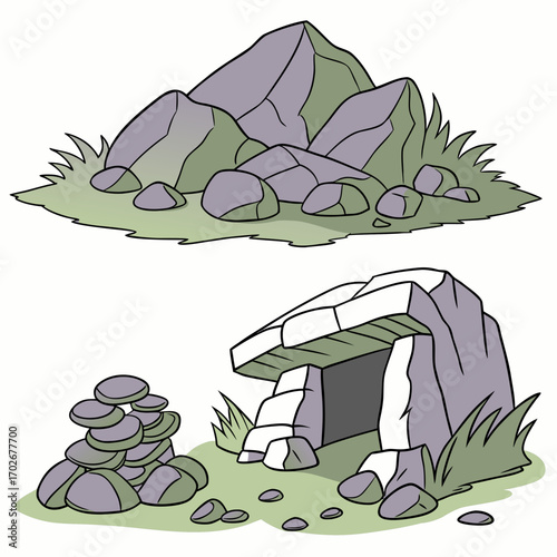 Cartoon grey stone and rock clipart, 3D boulders and pebbles, a pile of rubble and debris, isolated natural landscape elements, and mountain cliff and rocky terrain design. Vector set
