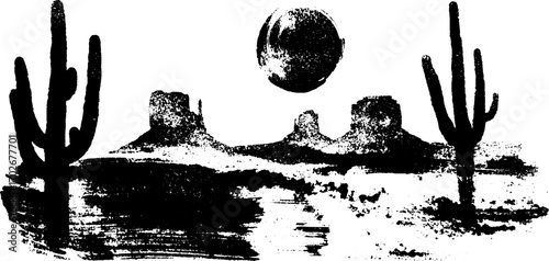 Black ink silhouette of cactus and desert dunes with moon in arid landscape design