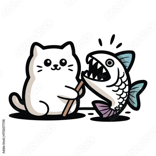 Cat fighting a large, exaggerated fish with an open sharp mouth, humorous and playful.