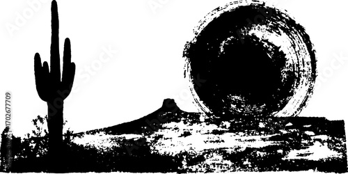 Black ink silhouette of cactus and desert dunes with grunge sun for artistic design