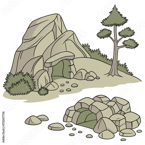 Cartoon grey stone and rock clipart, 3D boulders and pebbles, a pile of rubble and debris, isolated natural landscape elements, and mountain cliff and rocky terrain design. Vector set
