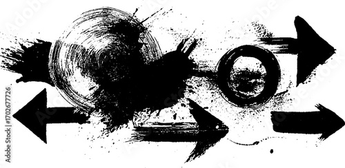 Chaotic black ink silhouette with spray strokes and arrows for artistic design