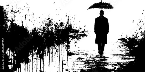 Urban rain scene with black ink silhouette of a strolling figure in the city