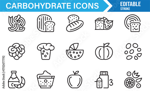 Vector stroke icons of bakery goods, grains, and sweet treats representing carbohydrates