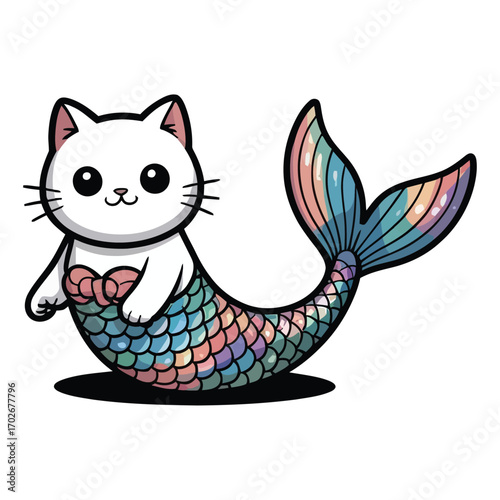 The cat transforms into a mermaid, the upper body of the cat, the lower body of a long shiny mermaid tail,