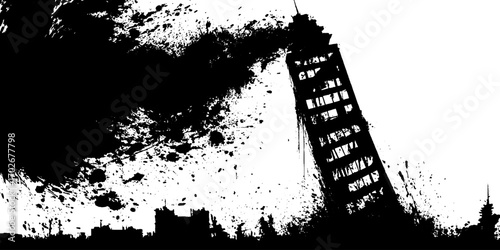 Black ink silhouette of collapsed skyscraper with splatter effect for urban grunge art
