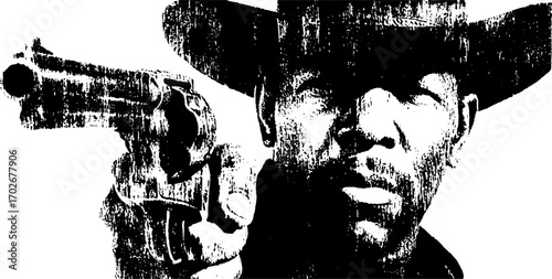 Black ink silhouette of cowboy with hat and revolver in grunge urban style